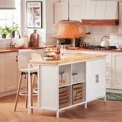 SoBuy KNL09-WN Centraal keukeneiland met werkblad van rubberhout, keukenkast met 2 deuren, 4 vakken, 170 x 60 x 89 cm, wit
