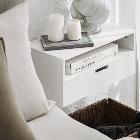 SoBuy NKD03-W Zwevend Nachtkastje met Lade, Hangend Nachttafeltje, Bijzettafel Zwevend, Wandplank, Wandkast voor Slaapkamer