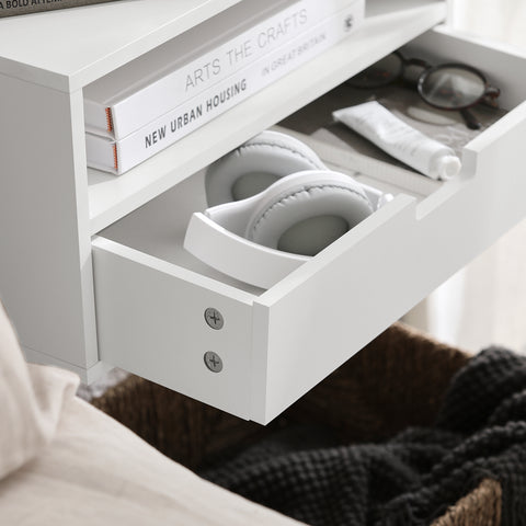 SoBuy NKD03-W Zwevend Nachtkastje met Lade, Hangend Nachttafeltje, Bijzettafel Zwevend, Wandplank, Wandkast voor Slaapkamer