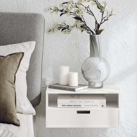 SoBuy NKD03-W Zwevend Nachtkastje met Lade, Hangend Nachttafeltje, Bijzettafel Zwevend, Wandplank, Wandkast voor Slaapkamer