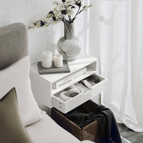 SoBuy NKD03-W Zwevend Nachtkastje met Lade, Hangend Nachttafeltje, Bijzettafel Zwevend, Wandplank, Wandkast voor Slaapkamer