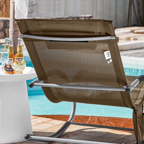 SoBuy OGS28-BR | Ligstoel | Tuinstoel | Swingstoel | Schommelstoel | Ergonomische | met Verstelbare Hoofdsteun en Zijzak | Bruin