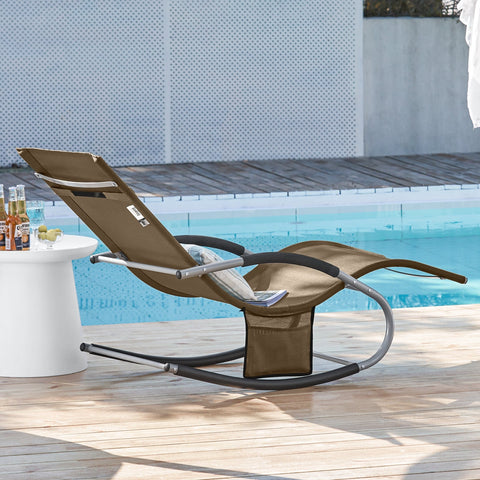 SoBuy OGS28-BR | Ligstoel | Tuinstoel | Swingstoel | Schommelstoel | Ergonomische | met Verstelbare Hoofdsteun en Zijzak | Bruin