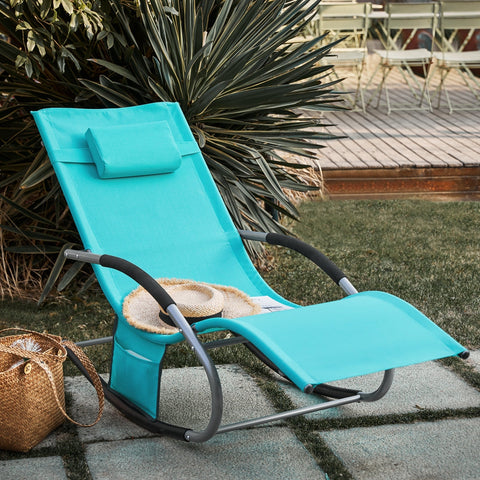 SoBuy OGS28-HBx2 | Set van 2 | Ligstoel | Tuinstoel | Swingstoel | Schommelstoel | Ergonomische | met Verstelbare Hoofdsteun en Zijzak | Blauw