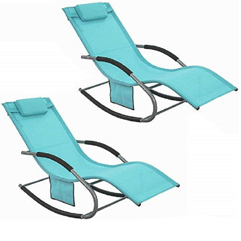 SoBuy OGS28-HBx2 | Set van 2 | Ligstoel | Tuinstoel | Swingstoel | Schommelstoel | Ergonomische | met Verstelbare Hoofdsteun en Zijzak | Blauw