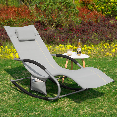 SoBuy OGS28-HG | Ligstoel | Tuinstoel | Swingstoel | Schommelstoel | Ergonomische | met Verstelbare Hoofdsteun en Zijzak | Grijs