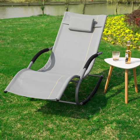 SoBuy OGS28-HG | Ligstoel | Tuinstoel | Swingstoel | Schommelstoel | Ergonomische | met Verstelbare Hoofdsteun en Zijzak | Grijs