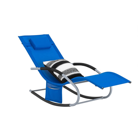 SoBuy OGS28-KB | Ligstoel | Tuinstoel | Swingstoel | Schommelstoel | Ergonomische | met Verstelbare Hoofdsteun en Zijzak | Koningsblauw