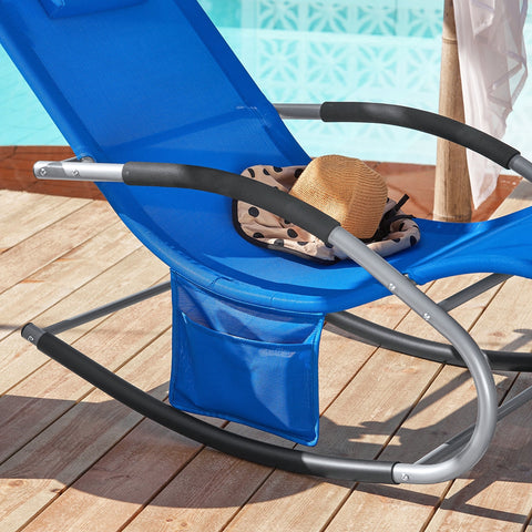 SoBuy OGS28-KB | Ligstoel | Tuinstoel | Swingstoel | Schommelstoel | Ergonomische | met Verstelbare Hoofdsteun en Zijzak | Koningsblauw