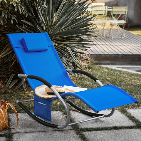 SoBuy OGS28-KB | Ligstoel | Tuinstoel | Swingstoel | Schommelstoel | Ergonomische | met Verstelbare Hoofdsteun en Zijzak | Koningsblauw