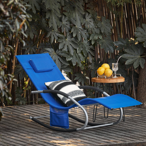 SoBuy OGS28-KB | Ligstoel | Tuinstoel | Swingstoel | Schommelstoel | Ergonomische | met Verstelbare Hoofdsteun en Zijzak | Koningsblauw