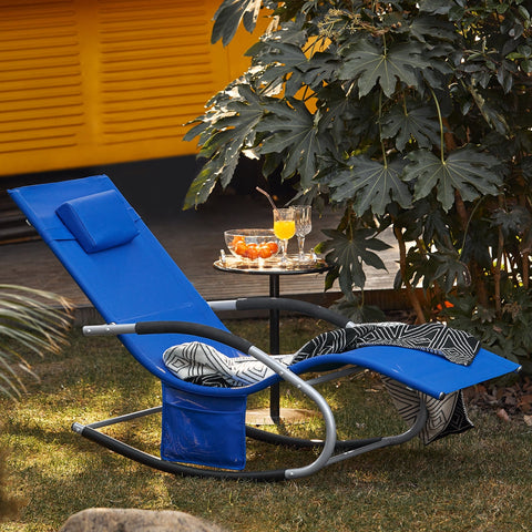 SoBuy OGS28-KB | Ligstoel | Tuinstoel | Swingstoel | Schommelstoel | Ergonomische | met Verstelbare Hoofdsteun en Zijzak | Koningsblauw