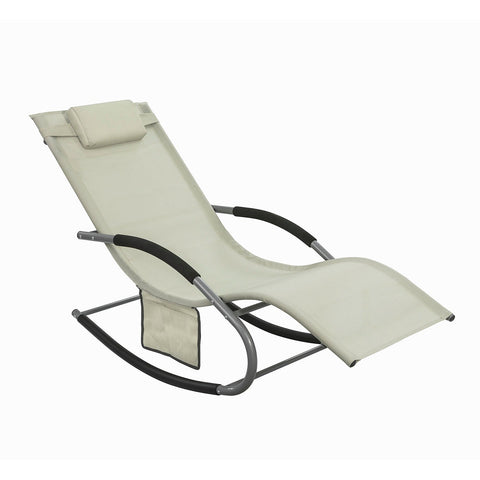 SoBuy OGS28-MI | Ligstoel | Tuinstoel | Swingstoel | Schommelstoel | Ergonomische | met Verstelbare Hoofdsteun en Zijzak | Beige