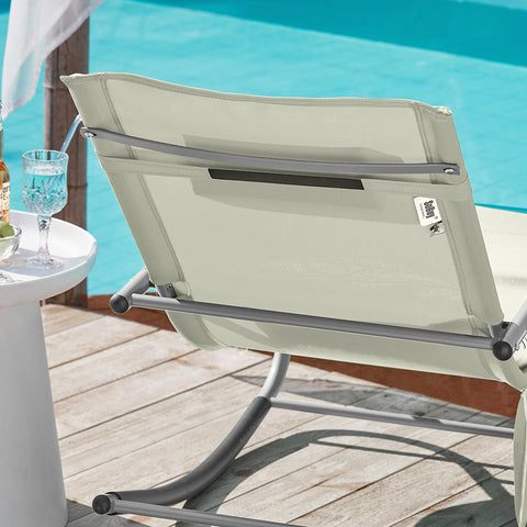 SoBuy OGS28-MI | Ligstoel | Tuinstoel | Swingstoel | Schommelstoel | Ergonomische | met Verstelbare Hoofdsteun en Zijzak | Beige