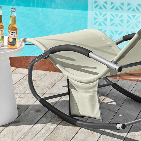 SoBuy OGS28-MI | Ligstoel | Tuinstoel | Swingstoel | Schommelstoel | Ergonomische | met Verstelbare Hoofdsteun en Zijzak | Beige