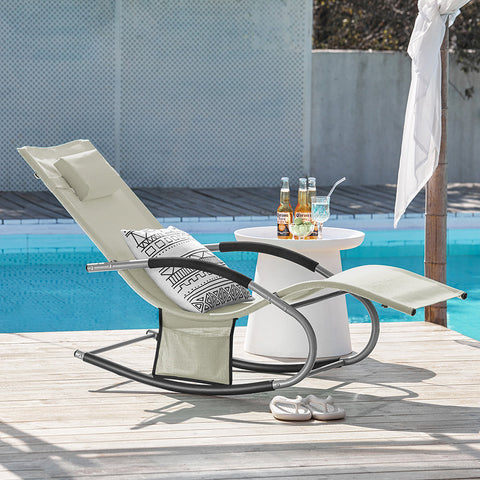 SoBuy OGS28-MI | Ligstoel | Tuinstoel | Swingstoel | Schommelstoel | Ergonomische | met Verstelbare Hoofdsteun en Zijzak | Beige