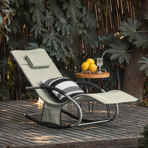 SoBuy OGS28-MI | Ligstoel | Tuinstoel | Swingstoel | Schommelstoel | Ergonomische | met Verstelbare Hoofdsteun en Zijzak | Beige