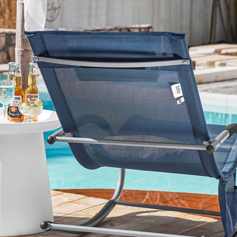 SoBuy OGS28-NBx2 | Set van 2 | Ligstoel | Tuinstoel | Swingstoel | Schommelstoel | Ergonomische | met Verstelbare Hoofdsteun en Zijzak | Marineblauw