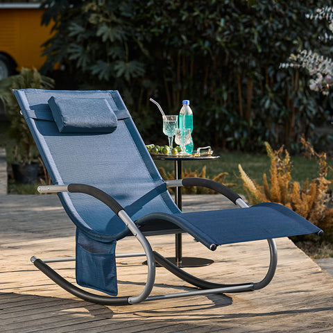 SoBuy OGS28-NBx2 | Set van 2 | Ligstoel | Tuinstoel | Swingstoel | Schommelstoel | Ergonomische | met Verstelbare Hoofdsteun en Zijzak | Marineblauw