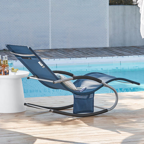 SoBuy OGS28-NBx2 | Set van 2 | Ligstoel | Tuinstoel | Swingstoel | Schommelstoel | Ergonomische | met Verstelbare Hoofdsteun en Zijzak | Marineblauw