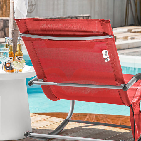 SoBuy OGS28-Rx2 | Set van 2 | Ligstoel | Tuinstoel | Swingstoel | Schommelstoel | Ergonomische | met Verstelbare Hoofdsteun en Zijzak | Rood