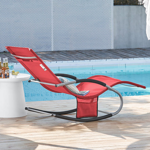 SoBuy OGS28-Rx2 | Set van 2 | Ligstoel | Tuinstoel | Swingstoel | Schommelstoel | Ergonomische | met Verstelbare Hoofdsteun en Zijzak | Rood