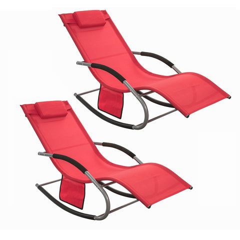 SoBuy OGS28-Rx2 | Set van 2 | Ligstoel | Tuinstoel | Swingstoel | Schommelstoel | Ergonomische | met Verstelbare Hoofdsteun en Zijzak | Rood