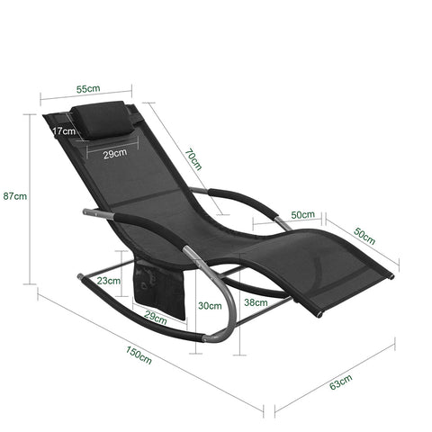 SoBuy OGS28-SCH | Ligstoel | Tuinstoel | Swingstoel | Schommelstoel | Ergonomische | met Verstelbare Hoofdsteun en Zijzak | Zwart