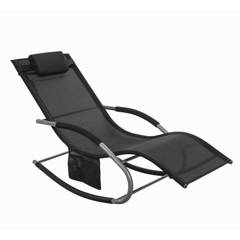 SoBuy OGS28-SCH | Ligstoel | Tuinstoel | Swingstoel | Schommelstoel | Ergonomische | met Verstelbare Hoofdsteun en Zijzak | Zwart