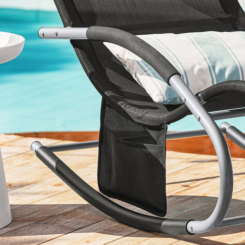 SoBuy OGS28-SCH | Ligstoel | Tuinstoel | Swingstoel | Schommelstoel | Ergonomische | met Verstelbare Hoofdsteun en Zijzak | Zwart