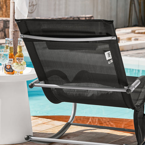 SoBuy OGS28-SCH | Ligstoel | Tuinstoel | Swingstoel | Schommelstoel | Ergonomische | met Verstelbare Hoofdsteun en Zijzak | Zwart