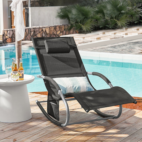 SoBuy OGS28-SCH | Ligstoel | Tuinstoel | Swingstoel | Schommelstoel | Ergonomische | met Verstelbare Hoofdsteun en Zijzak | Zwart