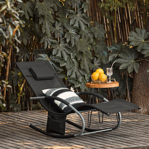 SoBuy OGS28-SCH | Ligstoel | Tuinstoel | Swingstoel | Schommelstoel | Ergonomische | met Verstelbare Hoofdsteun en Zijzak | Zwart