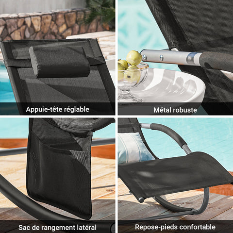 SoBuy OGS28-SCH | Ligstoel | Tuinstoel | Swingstoel | Schommelstoel | Ergonomische | met Verstelbare Hoofdsteun en Zijzak | Zwart