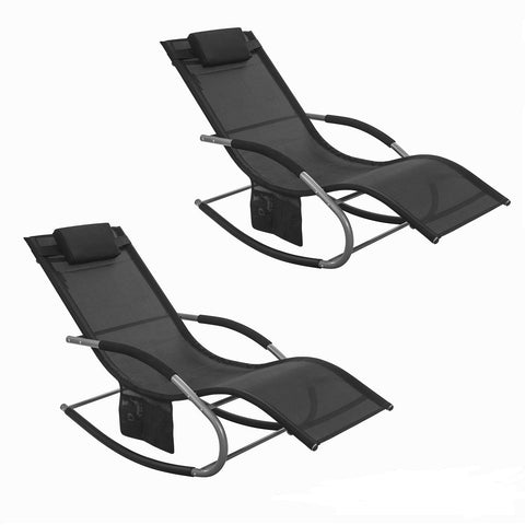 SoBuy OGS28-SCHx2 | Set van 2 | Ligstoel | Tuinstoel | Swingstoel | Schommelstoel | Ergonomische | met Verstelbare Hoofdsteun en Zijzak | Zwart