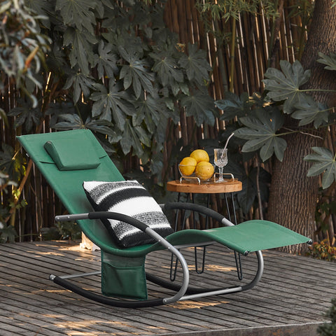 SoBuy OGS28-WD | Ligstoel | Tuinstoel | Swingstoel | Schommelstoel | Ergonomische | met Verstelbare Hoofdsteun en Zijzak | Donkergroen