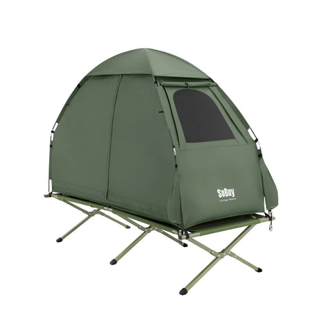 SoBuy OGS32-GR | 4-in-1 Tent met opvouwbaar  verhoogd bed, dak, slaapzak, luchtmatras  | Maximale belasting 114 kg | 1 Persoon | Groente