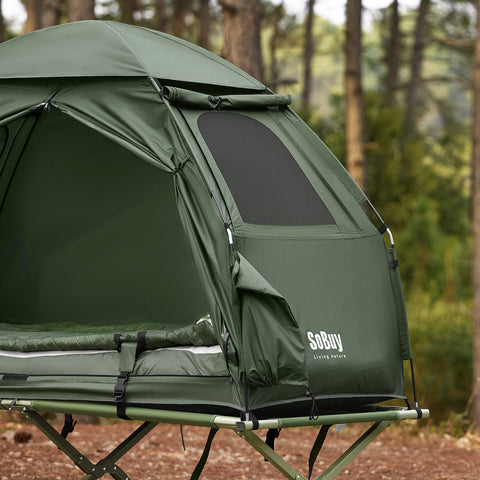 SoBuy OGS32-GR | 4-in-1 Tent met opvouwbaar  verhoogd bed, dak, slaapzak, luchtmatras  | Maximale belasting 114 kg | 1 Persoon | Groente
