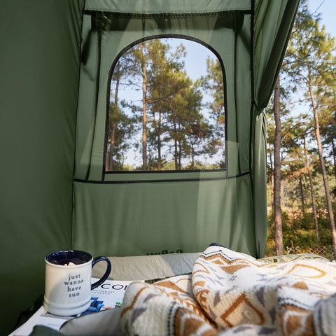 SoBuy OGS32-GR | 4-in-1 Tent met opvouwbaar  verhoogd bed, dak, slaapzak, luchtmatras  | Maximale belasting 114 kg | 1 Persoon | Groente