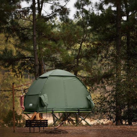 SoBuy OGS32-GR | 4-in-1 Tent met opvouwbaar  verhoogd bed, dak, slaapzak, luchtmatras  | Maximale belasting 114 kg | 1 Persoon | Groente