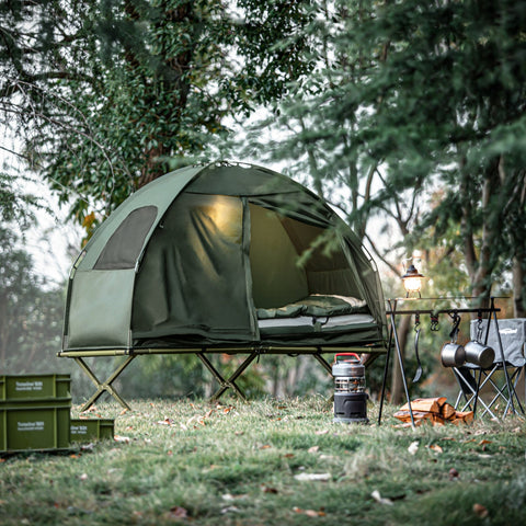 SoBuy OGS32-GR | 4-in-1 Tent met opvouwbaar  verhoogd bed, dak, slaapzak, luchtmatras  | Maximale belasting 114 kg | 1 Persoon | Groente