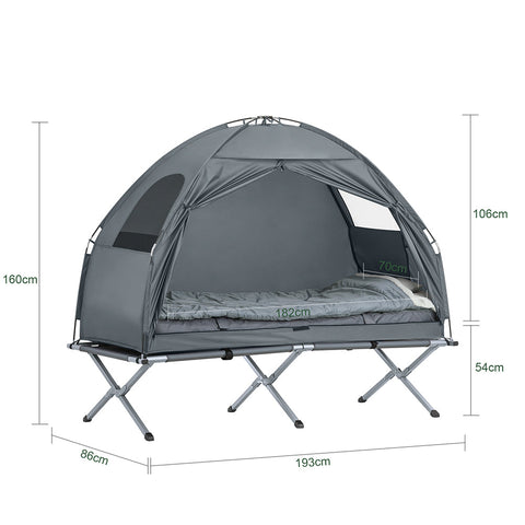 SoBuy OGS32-HG | 4-in-1 Tent met opvouwbaar  verhoogd bed, dak, slaapzak, luchtmatras  | Maximale belasting 114 kg | 1 Persoon | Grijs
