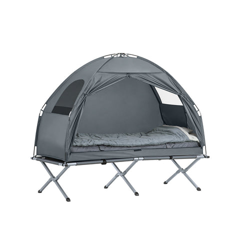 SoBuy OGS32-HG | 4-in-1 Tent met opvouwbaar  verhoogd bed, dak, slaapzak, luchtmatras  | Maximale belasting 114 kg | 1 Persoon | Grijs