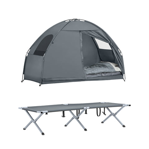 SoBuy OGS32-HG | 4-in-1 Tent met opvouwbaar  verhoogd bed, dak, slaapzak, luchtmatras  | Maximale belasting 114 kg | 1 Persoon | Grijs