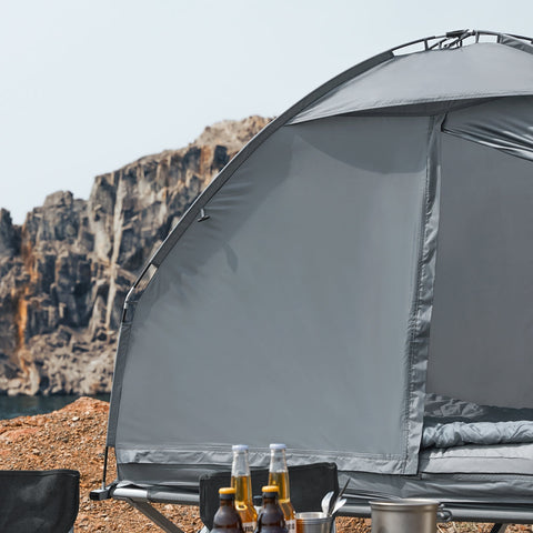 SoBuy OGS32-HG | 4-in-1 Tent met opvouwbaar  verhoogd bed, dak, slaapzak, luchtmatras  | Maximale belasting 114 kg | 1 Persoon | Grijs