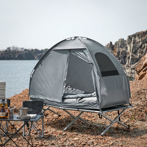 SoBuy OGS32-HG | 4-in-1 Tent met opvouwbaar  verhoogd bed, dak, slaapzak, luchtmatras  | Maximale belasting 114 kg | 1 Persoon | Grijs