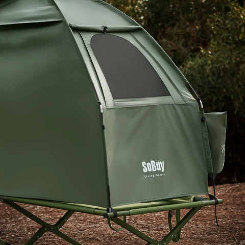 SoBuy OGS32-II-GR Campingbed Buitenkampeertent met lampenhaken en schoenenopbergvakken 3-in-1 Persoon Praktisch Kampeerbed