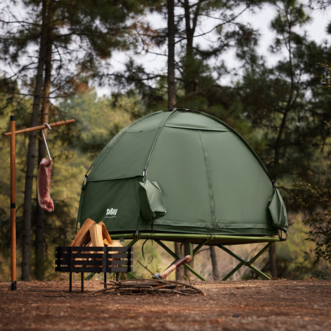 SoBuy OGS32-II-GR Campingbed Buitenkampeertent met lampenhaken en schoenenopbergvakken 3-in-1 Persoon Praktisch Kampeerbed