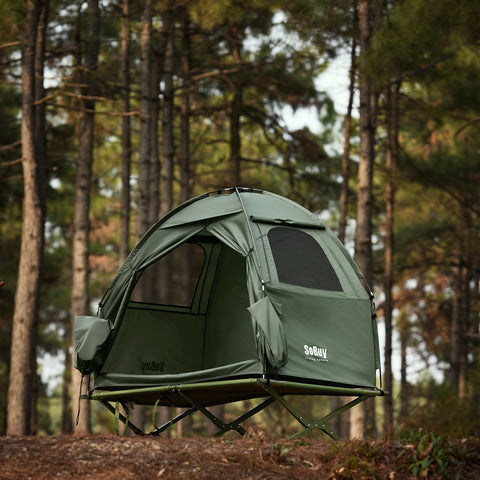 SoBuy OGS32-II-GR Campingbed Buitenkampeertent met lampenhaken en schoenenopbergvakken 3-in-1 Persoon Praktisch Kampeerbed