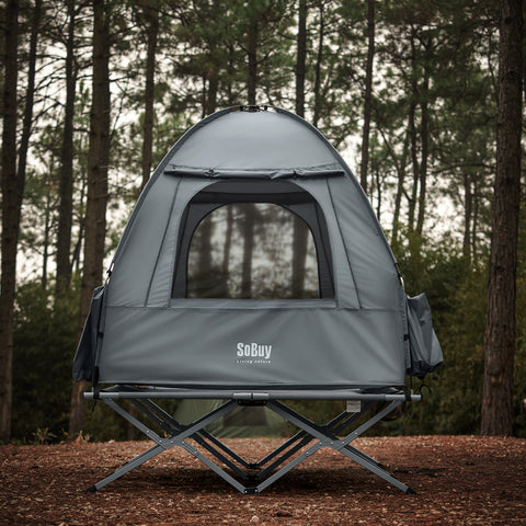 SoBuy OGS32-II-L-HG Buitenkampeertent met lampenhaken en schoenenopbergvakken 3-in-1 praktisch veldbed